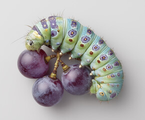 Ultra-detailed macro image of a green caterpillar resting on fresh purple grapes, natural textures, and shallow depth of field highlight the contrast between insect and fruit