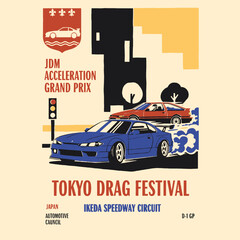 JDM drag race poster design, Tokyo festival illustration, vintage racing graphic, blue sports car burnout, Japanese drift art, retro speedway print, automotive culture, motorsport event © Irfan