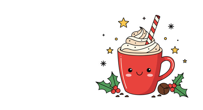 Whimsical red mug of hot chocolate with whipped cream, a striped straw, and Christmas decorations including holly and sparkling stars.