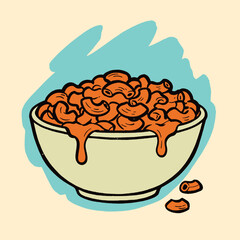 Fototapeta premium Macaroni and cheese bowl, mac n cheese, cheesy pasta, comfort food, vintage illustration, retro pop art style, cartoon, elbow noodles, vibrant orange, melted cheese drip, fast food