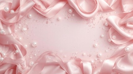 Trendy Coquette Blush Pink Background with Satin Silk Ribbon Bows and Pearl Frame for Feminine Beauty Blog or Romantic Valentine Design