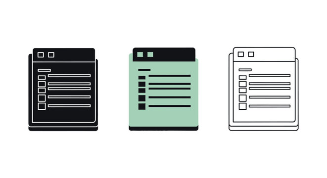 Set of three document or checklist interface icons in solid black, flat color, and outline vector styles - Powered by Adobe