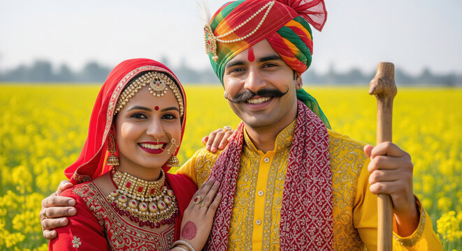 Smiling traditional Indian couple in vibrant wedding attire standing in a blooming mustard field