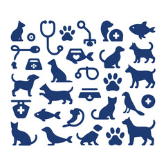 Fototapeta premium Complete Veterinary Clinic and Pet Care Icon Set - Animal Silhouettes, Medical Stethoscope, Grooming Tools, and Pet Supplies Symbols