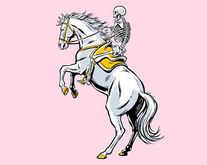 Fototapeta premium Skeleton rider on rearing horse vector illustration, vintage graphic style, pop art, pink background, death, fantasy, equestrian, gothic design