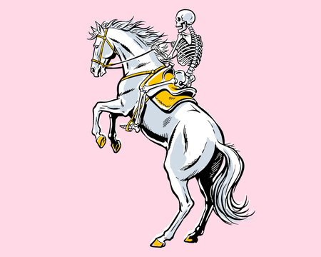 Skeleton rider on rearing horse vector illustration, vintage graphic style, pop art, pink background, death, fantasy, equestrian, gothic design