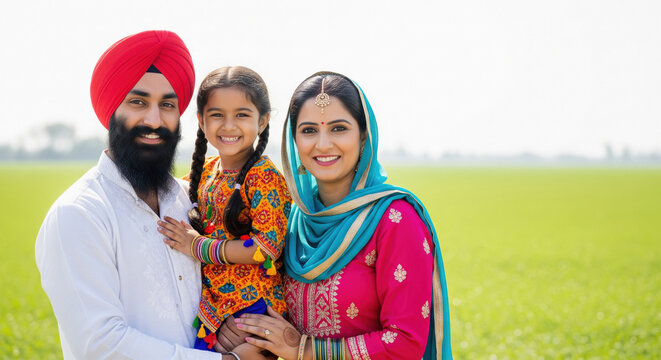 Happy sikh religious family standing at agriculture field