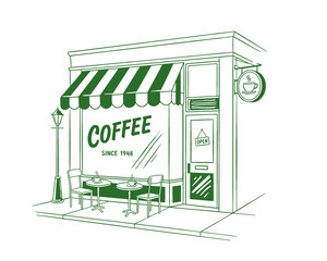 Coffee shop storefront illustration, cafe building vintage line art drawing, espresso bistro exterior, sidewalk seating, striped awning design, street scene vector, small business urban
