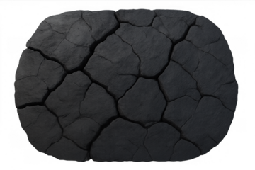 Dark grey volcanic rock showcasing a cracked, rough surface texture with a natural appearance, on a transparent background