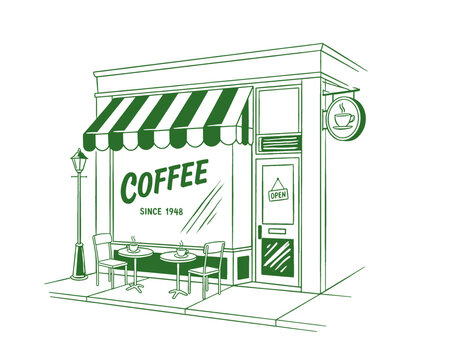 Coffee shop storefront illustration, cafe building vintage line art drawing, espresso bistro exterior, sidewalk seating, striped awning design, street scene vector, small business urban