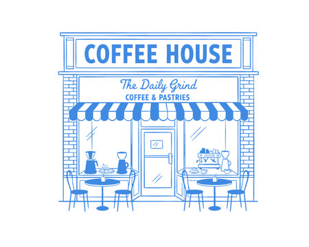 Vintage coffee house storefront illustration, cafe exterior, retro drawing, espresso shop, brick building, striped awning, hand drawn, local business logo