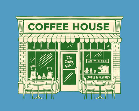 Coffee House vintage illustration, retro cafe storefront drawing, classic diner facade, coffee shop exterior, green and cream artwork, local business vector, mid-century style