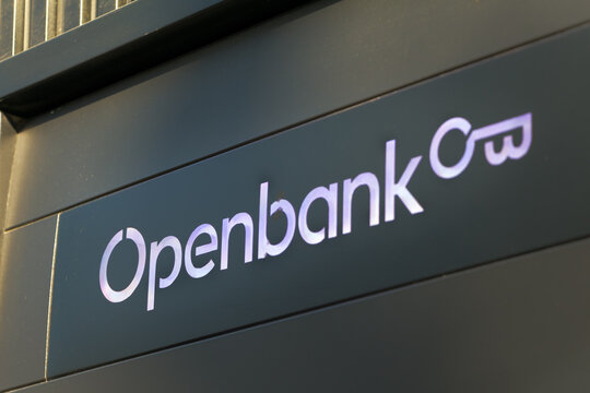 MADRID, SPAIN - FEBRUARY 12, 2019. Openbank logo on Openbank ank branch office. Openbank is an online bank headquartered in Madrid (Spain)