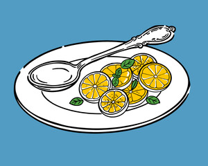 Lemon slices mint leaves on plate, vintage spoon illustration, citrus fruit food, fresh cooking ingredient, healthy dessert garnish, sour yellow, hand-drawn vector art, blue background © Irfan