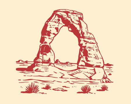 Delicate Arch, Arches National Park, Utah desert landscape, sandstone rock formation, vintage travel illustration, national monument, park apparel design, hiking, outdoor adventure, desert scene