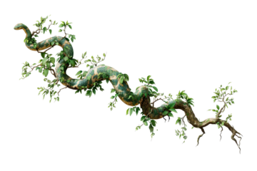 Green snake moves along a branch with leaves in a natural setting during daylight