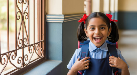 happy indian rural school girl smiling in school uniform