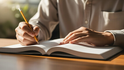 Person writing in an open book with a pencil