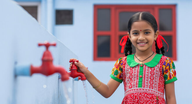 Cute indian rural little girl standing near water tap