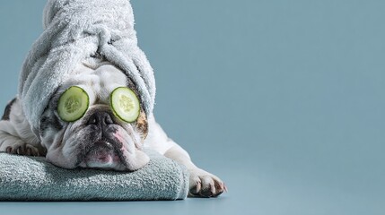 Pampered pup! Bulldog relaxing with a spa day, wearing a towel and cucumber slices on its eyes against a serene blue backdrop. The perfect blend of cute and self-care.