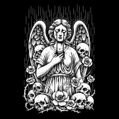 Fototapeta premium Melancholy Angel Surrounded by Skulls and Roses.