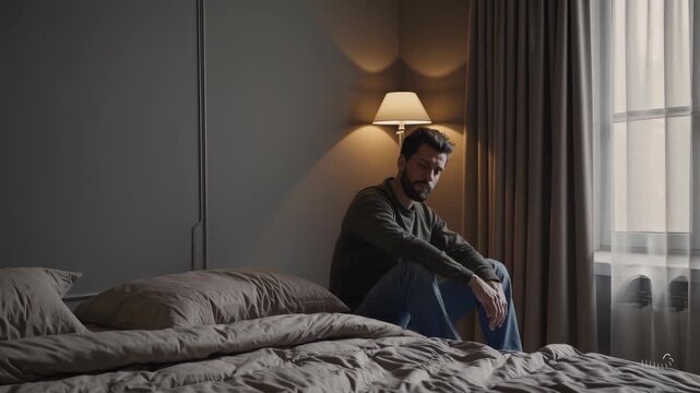 Thoughtful man sitting on bed in cozy bedroom. Soft light creates calm atmosphere for reflection and relaxation. Intimate setting fosters peaceful mood.