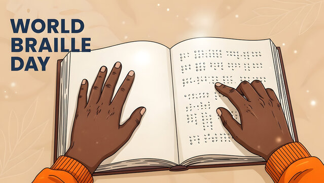 World braille day illustration of hands reading braille book