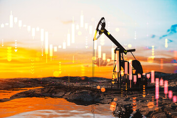 Oil pumpjack at sunset with financial chart overlays indicating market downturn and falling prices in energy sector. 3D Rendering