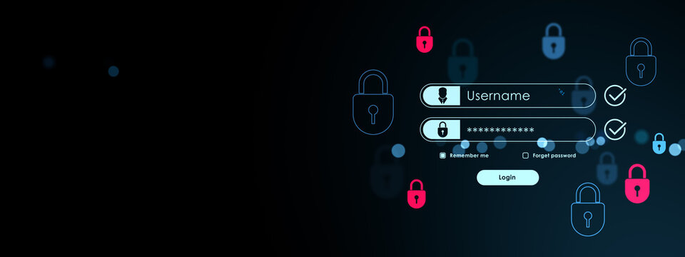 Modern neon blue login interface with username and password fields on dark background showing network security and digital protection concept. 3D Rendering