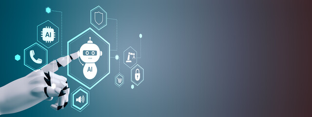 Futuristic robotic hand interacting with AI chatbot interface icons on digital abstract background representing automation and intelligence network. 3D Rendering
