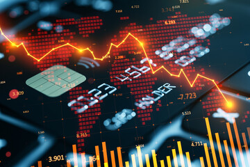 Financial market crash concept with declining stock chart, digital world map and credit card chip on dark background with orange highlights.