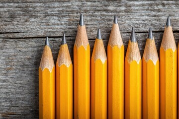 Ten yellow pencils lined up on rustic wood surface ready for use in various writing tasks and activities