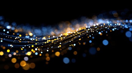 Abstract glowing blue and gold light trails flow across a dark background.