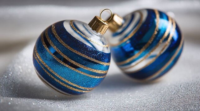 Elegant Christmas ornaments with sparkling blue, gold, and white stripes rest on a textured silver fabric, ready to add a festive glow to holiday decorations.