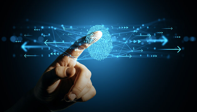 Finger touching a glowing digital fingerprint with neon arrows and binary data on a dark background, representing secure virtual interface concept. - Powered by Adobe