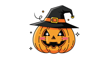 Cheerful Halloween jack-o'-lantern illustration wearing a witch hat, featuring sparkling eyes and rosy cheeks for a festive design.