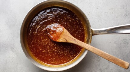 Cooking sauce in a metal pan with a wooden spoon on a gray surface