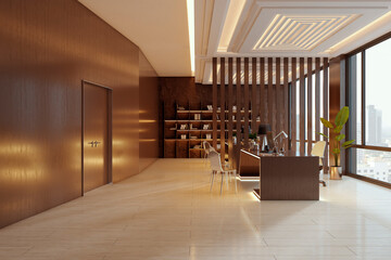 Modern premium office interior with wooden partitions, luxury furniture, and large windows overlooking cityscape during daylight hours. 3D Rendering