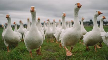 A gaggle of geese strides across a vibrant green field under a cloudy sky. Their white feathers contrast sharply with the landscape, creating a striking visual harmony.