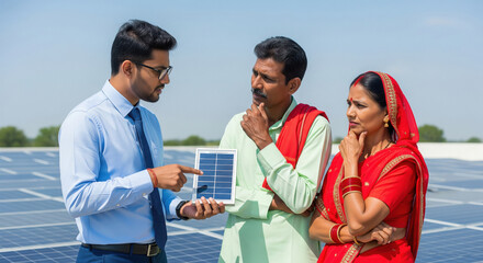 A solar energy consultant explains rooftop panel benefits to a thoughtful Indian farming couple standing among solar panels on a sunny day.