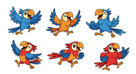 Obraz premium Set of Six Cute Cartoon Parrots Running Joyfully.