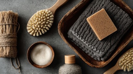 Collection of bath items arranged on a countertop with towels and brushes for self-care routines in a bathroom setting
