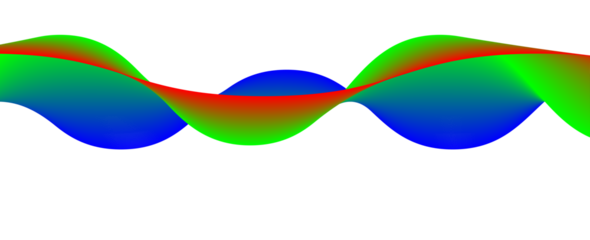 Abstract colorful wave form with a central blue sphere on black background