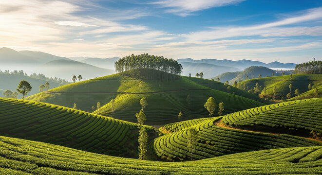 A vast landscape of lush green terraced tea plantations rolls over sunlit hills beneath a clear blue sky and distant misty mountains. - Powered by Adobe