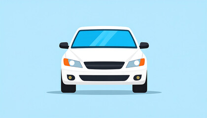 A front view of a white car with blue windows on a light blue background.