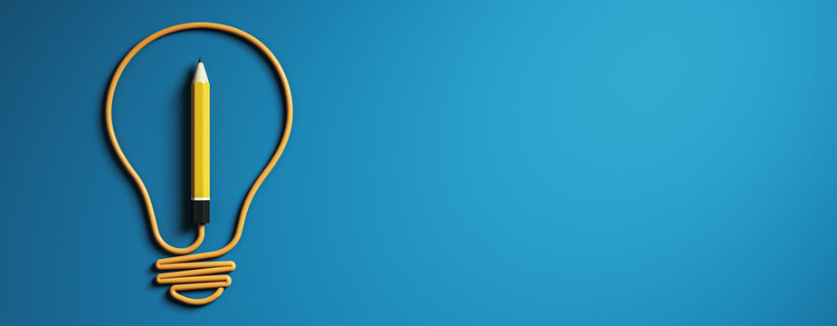 Pencil inside lightbulb made of cable on blue background symbolizing idea, education, creativity and innovation with copy space for design template. 3D Rendering