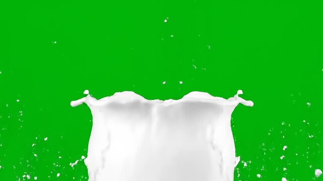 Dynamic splash of fresh white liquid creating a beautiful crown of droplets against a vibrant green screen background, perfect for compositing clean and pure beverage visuals