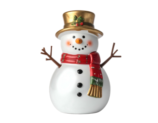 Festive snowman with golden hat, red scarf, and twig arms