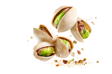 Pistachios in various stages of opening with scattered pieces on light background