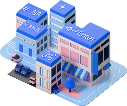 Office buildings with keyboard key rooftops, Remote work and digital offices